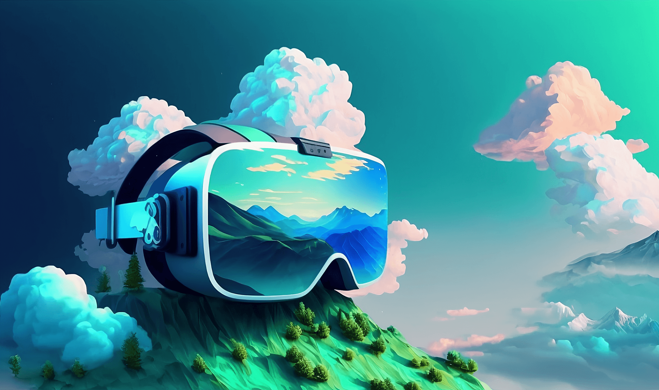 Landing Page background image, showing a awesome colorful headset in the surrounded by a colorful nature with clouds, water and mountains, these elements are also being reflected in the headset.