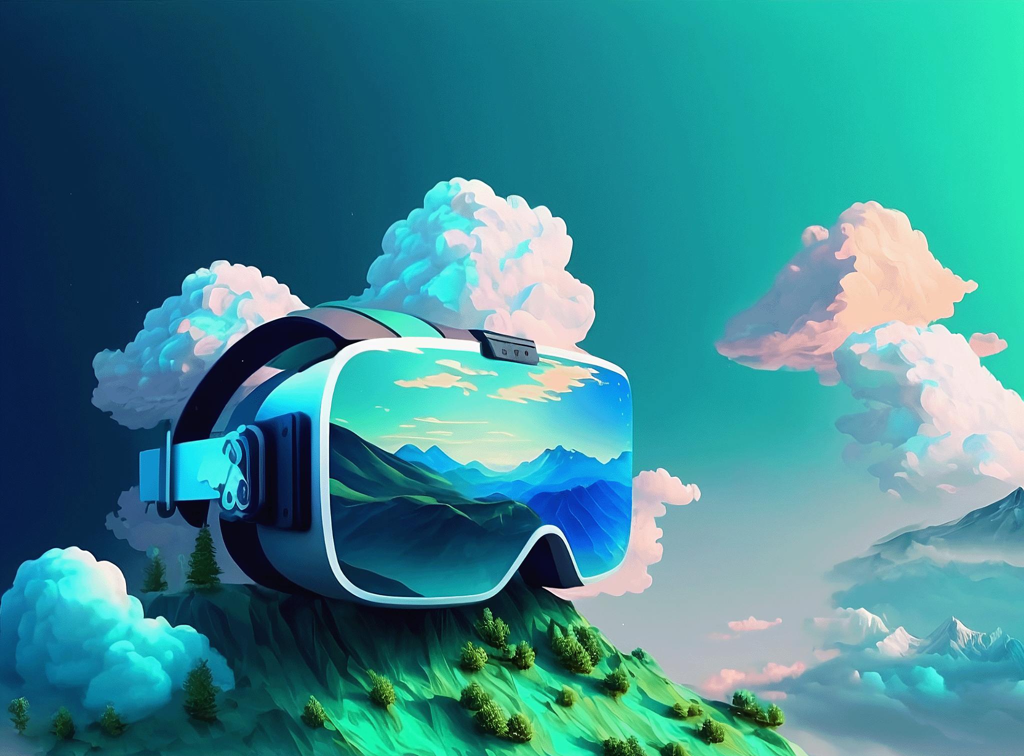 Landing Page background image, showing a awesome colorful headset in the surrounded by a colorful nature with clouds, water and mountains, these elements are also being reflected in the headset.